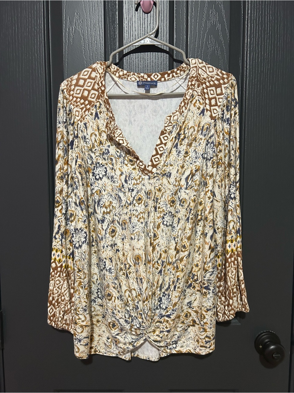 Democracy Women's Cream & Brown Floral Twist-Front Blouse